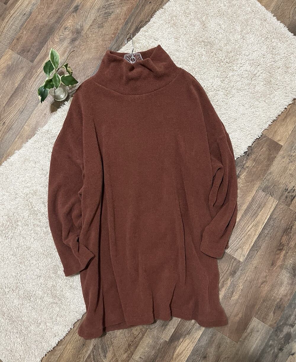 Free People Beach Size Large Cacao Brown Funnel Neck Mini Sweater Dress